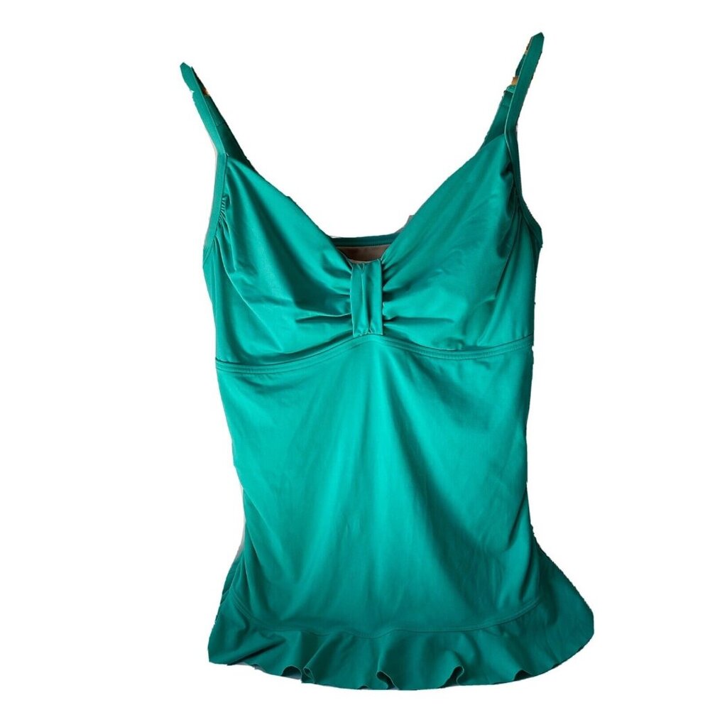 Lands End Women Size 12 Teal Green Ruffled Tankini Top Adjustable Straps Swimsui